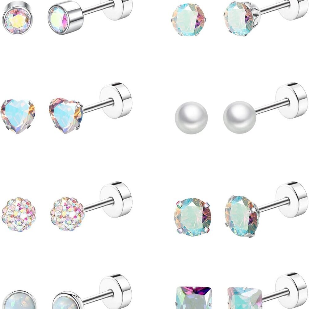 8 Pairs Titanium Surgical Steel Earrings for Women Men Hypoallergenic Flat Back - Picture 1 of 7
